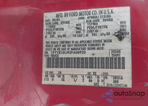 2002 Ford Ranger Edge/Xl/Xlt z USA, uszkodzony, nr VIN 1FTYR10U92PA08920